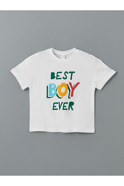 LC Waikiki White Printed Cotton Boys' T-Shirt and Shorts 2-Piece Set