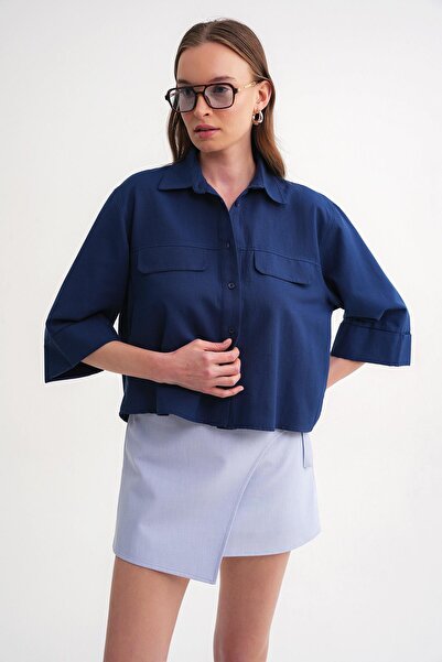 Mixray Γυναικείο καφτανίσματος Navy Blue κοντομάνικο Crop πουκάμισο 4660 Model