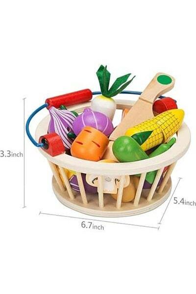 HALAMODO 12-piece Set of Children's Wooden Play House Kitchen Toys Fruit Set with Storage Basket Learning And