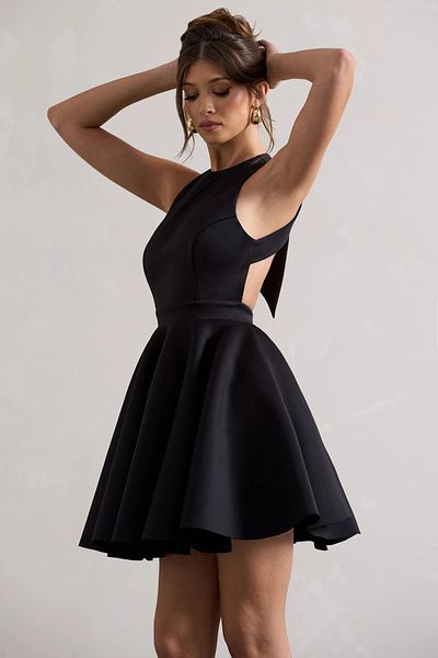 FASHION COCKTAIL Diver Fabric Neck Ense Tie Skater a Form Flared Skirt Design Cocktail Evening Dress