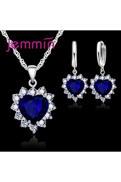 Choice Royal Blue Top Sale Wding Engagement Anniversary Gift Jewelry Sets 925 Silver Color Stamped Heart Pe