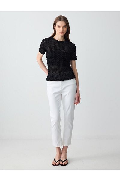 Jimmy Key Black Slim Fit Crew Neck Short Sleeve Lace Knitted Blouse