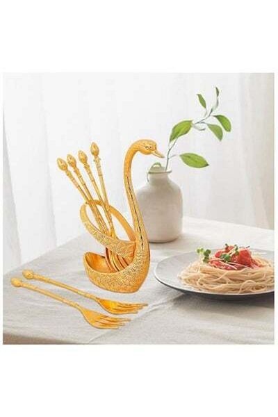 HALAMODO Decorative Swan Base Holder, with 6 PCS 4.7" Dessert Fork Set, Creative Gold Fruit Fork, Food Grade