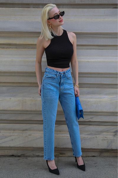 Madmext Pantaloni albaștri cu talie înaltă pentru femei Mom Fit (MG2389)