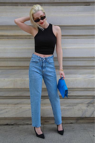 Madmext Pantaloni albaștri cu talie înaltă pentru femei Mom Fit (MG2389)