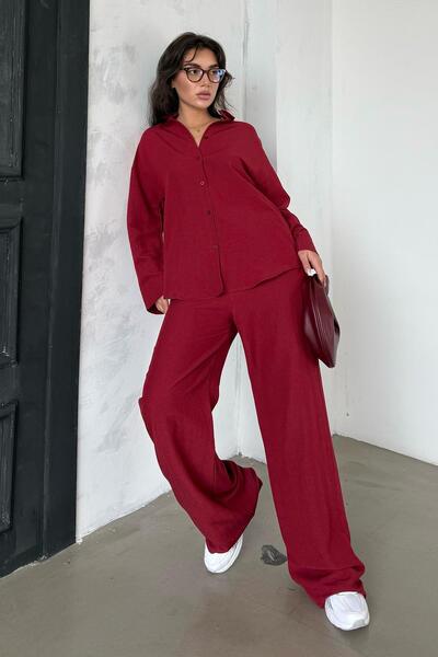 Madmext Red Linen - Women's Shirt and Pants Two-Piece Suit Mg2356