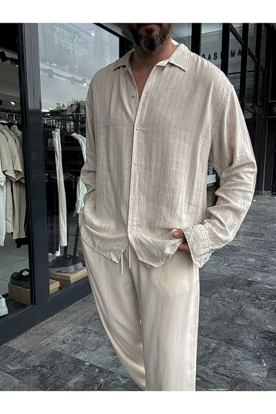 BYBASICMAN Beige Pinstripe Linen Shirt G-5187/12