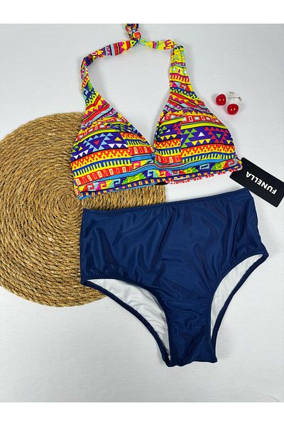 FUNELLA Tie Dye Print High Waist Neck Tie Stylish Bikini Set