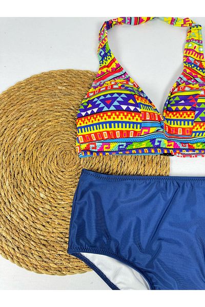 FUNELLA Tie Dye Print High Waist Neck Tie Stylish Bikini Set