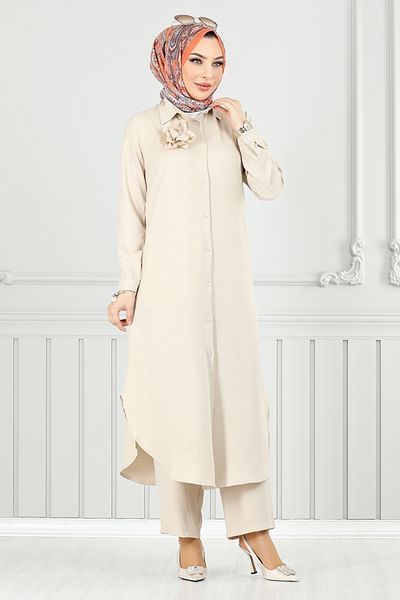ModaMerve Front Buttoned Hijab Suit 815Ozr1047-M Stone