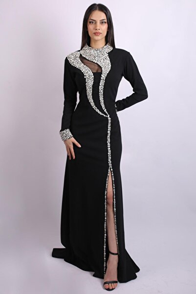 SpringStore Siyah Yaka Ve Kolları Taşlı Abiye Elbise