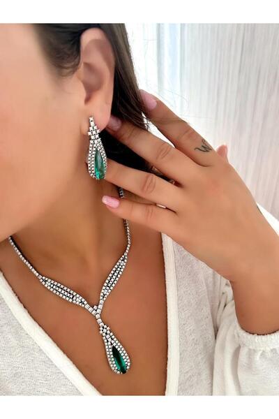 MyladyAccessoriess 22K Altın Kaplama Yeşil Damla Baget Taş Detaylı Abiye Set ...