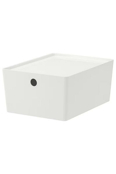 IKEA KUGGIS Box with Lid, White, 26x35x15 cm – Stackable Storage for Home & Office