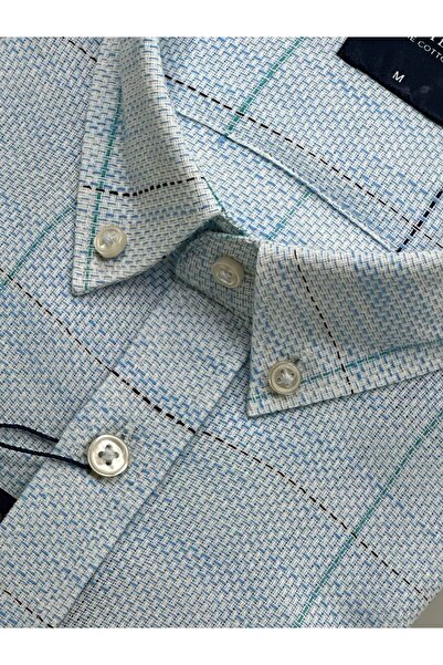 KAMER Men Regular Fit Short Sleeve 100% Cotton Button Collar Single Pocket Light Blue Shirt 9385Ma