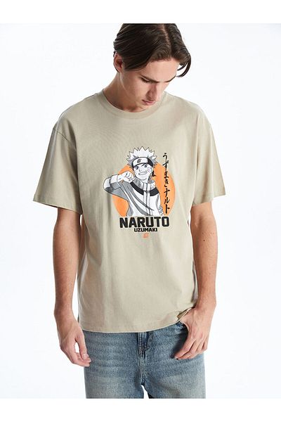 LC Waikiki Xside Beige Crew Neck Short Sleeve Naruto Printed Combed Cotton Men's T-Shirt