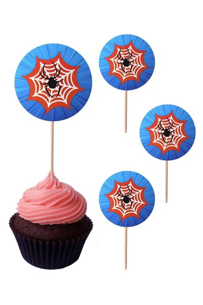 Parti Adresi Spiderman Temalı Kürdan Örümcek Ağı Figürlü Cupcake Kürdanı Past...