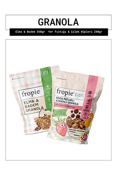 FROPİE Fropie Apple Almond and Kids Groundnut Strawberry Cubes Granola Package