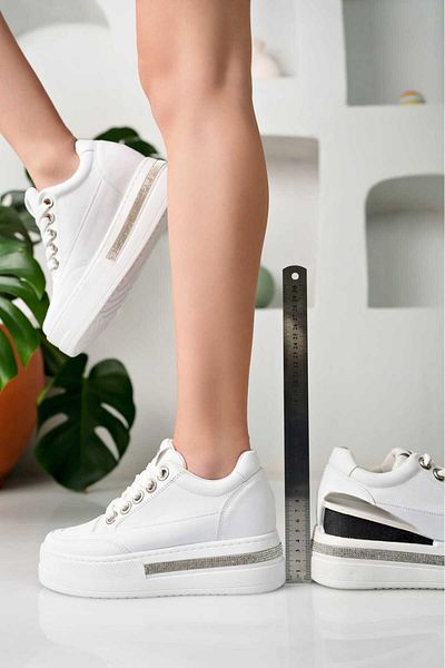 BAHRİNA Pantofi sport albi cu talpă înaltă, cu toc ascuns, cu detalii de piatră (8 cm cu toc)