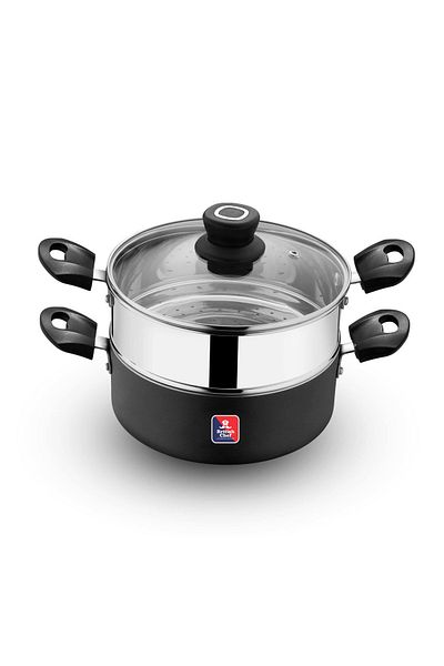 British Chef 2 In 1 Cooking Pot With Glass Lid, 20cm Multi-purpose Steamer & Cookware, Non-stick Base