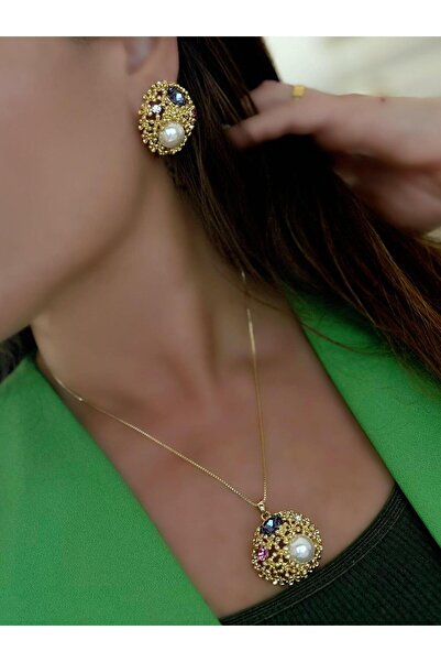 MyladyAccessoriess 14K Altın Kaplama İnci Ve Topçuk Detaylı Kolye Küpe Set