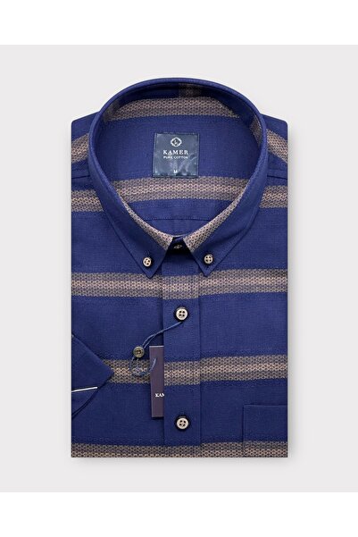 KAMER Men's Regular Fit Short Sleeve 100% Cotton Button Collar Single Pocket Navy Blue Shirt 9371L