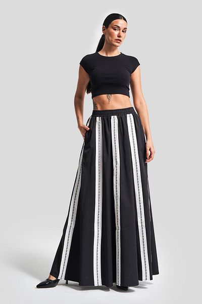 its basic Women's Black Color Super Long Stripe Detailed Special Design Skirt