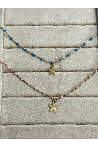 MyladyAccessoriess Renkli Boncuk Ve Yıldız Detaylı Hal Hal (Pirinç Kaplama) Mavi