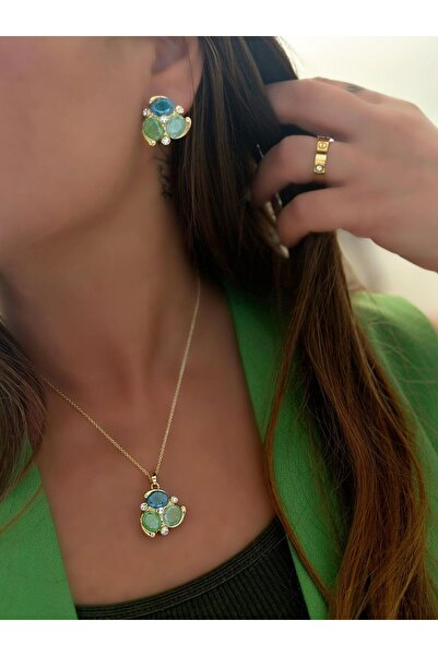 MyladyAccessoriess 14K Altın Kaplama Tek Taş Ve Kristal Taş Detaylı Kolye Küp...