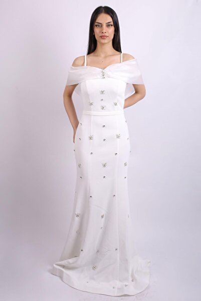 SpringStore Ekru Yakası Organize Tül Krep Abiye Elbise