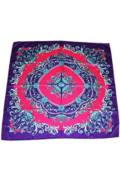 TikiTonki Etnik Desenli Kare Kesim Saten Mor Eşarp | 90x90