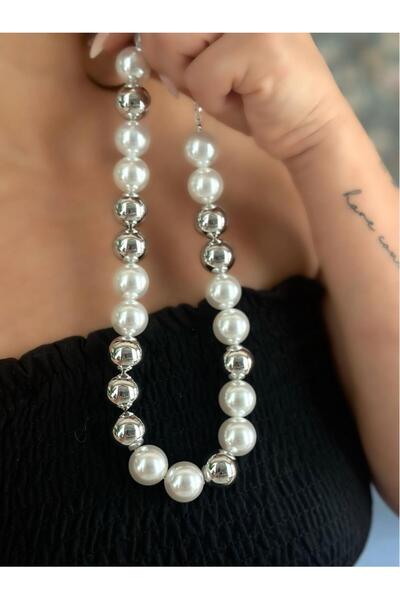 MyladyAccessoriess Büyük İnci Ve Topçuk Detaylı Gümüş Kaplama Kolye