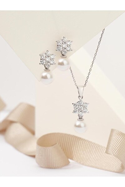 Siset Gümüş 925 Ayar Rodyum Kaplama İkili İnci Gümüş Set