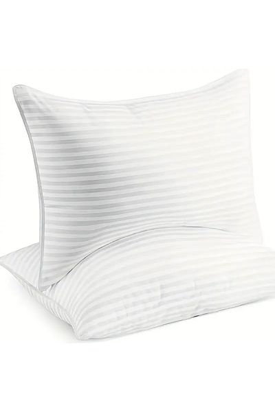 Kotonia Home Set of 2 Hotel Pillowcases Damask With Thin Stripes, 100% Cotton, White, 40x60 Cm