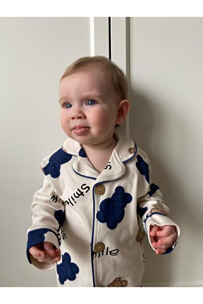 Minizade Hello Smile Bear Bebe Yakalı %100 Pamuk Yumuşacık Kumaş 2'li Pijama Takım