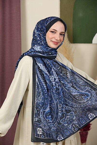 aldyoo Retro Etnik Desen Pamuk Viskon Şal Lacivert