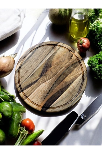 F&S WoodArt Walnut Wood 28 cm Corrugated Round Rustic Natural Wood Channel Pizza Presentation Chopping Cutting Board