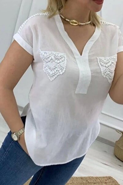 Bİ.GİYSEN Kadın Beyaz Omzu Ve Cebi Güpürlü Keten Kumaş Kısa Kol Buluz Gömlek