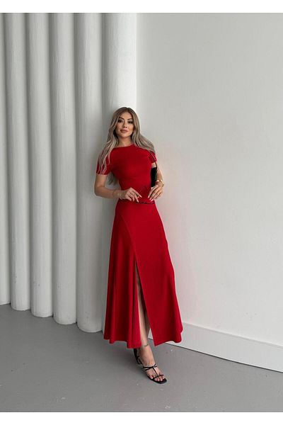 BUKETLİ فستان نسائي من الليكرا ذو فتحة رقبة دائرية وظهر مفتوح من القطن الممشط