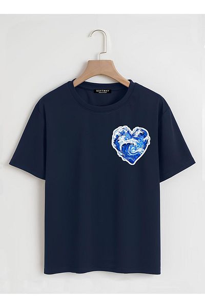 SOFTWAY Unisex Οργανικό Oversize Ocean Heart Εκτυπωμένο Basic T-shirt - Ναυτικό Μπλε