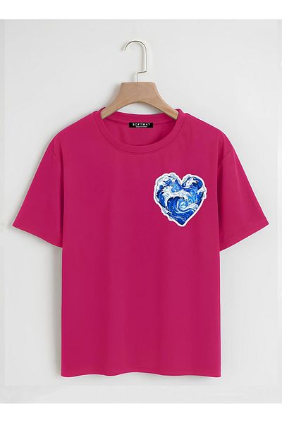 SOFTWAY Unisex Oversize Crew Neck - Βασικό T-Shirt με στάμπα Ocean Heart FUCHIA
