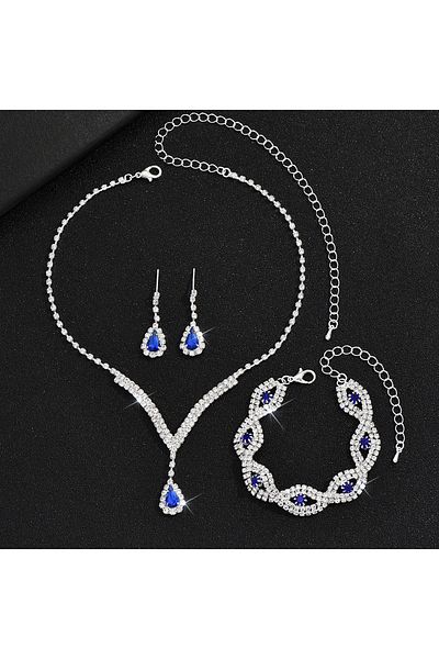 Choice 6625-3-Blue 3 Pcs Luxury Rhinestone Bride Jewelry Set for Women Black Water Drop Crystal Earrings We