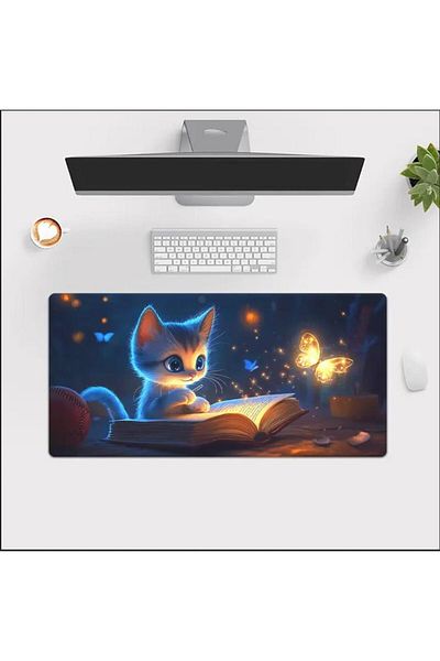 sgeteknoloji 70X30 cm Cat Reading Book Themed Non-Slip Base Speed Surface Gamer Mouse Pad Gaming
