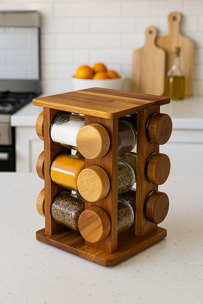 Mirilliahome Natural Acacia Wood Spice Rack Set of 12 with Rotating Stand
