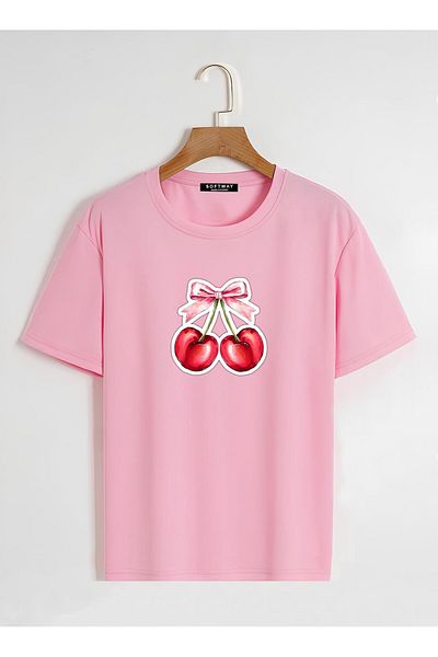 SOFTWAY Unisex Oversize Crew Neck Ribbon Cherry Printed Basic T-Shirt - ΡΟΖ