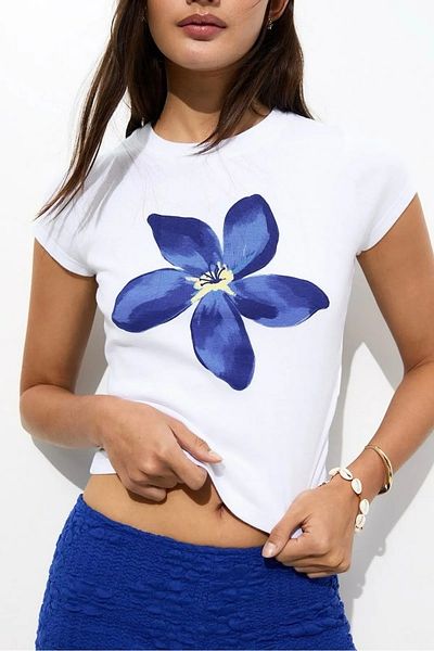 Gofeel Hs White Unisex Blue Floral Printed Belt Length Blouse