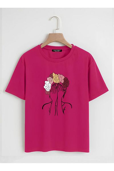 SOFTWAY Unisex Oversize Crew Neck Πολύχρωμο μπλουζάκι με στάμπα με μαλλιά - ΦΟΥΚΙΔΙΔΑ