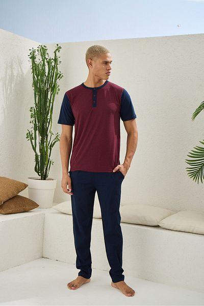 KLY King Size Collar 3 Buttoned Cotton Short Sleeve Men's Pajama Suit