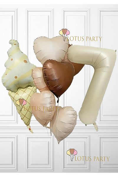 LOTUS PARTY Σετ μπαλόνι με θέμα ρετρό παγωτό - Ρετρό παγωτό - Μπαλόνι με φύλλο καφέ καρδιάς - Κρέμα Αριθμός Ηλικίας