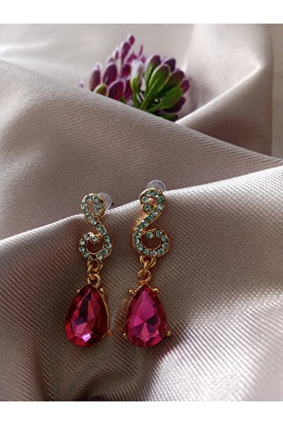 Pervin Ablacım Pembe taşlı Gold üstü s taşlı sallanan zirkon küpe