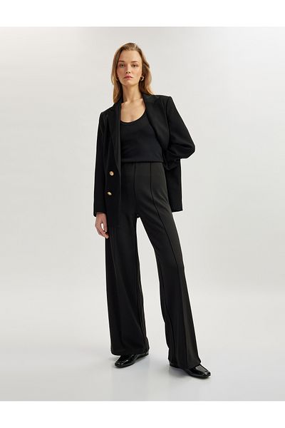 Koton New Season High Waist Ribbed Detailed Wide Leg Trousers